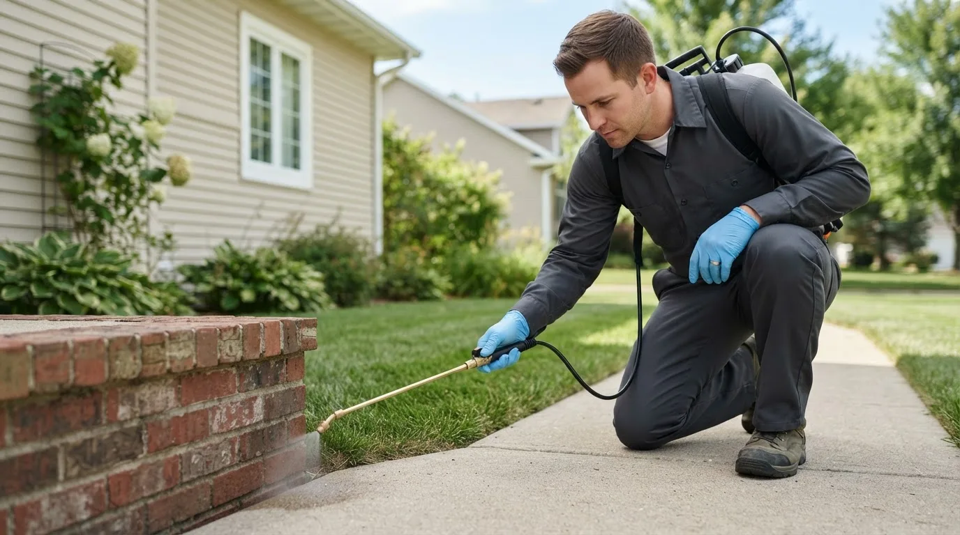 Pest control technician treating a home near Belmont, OH
