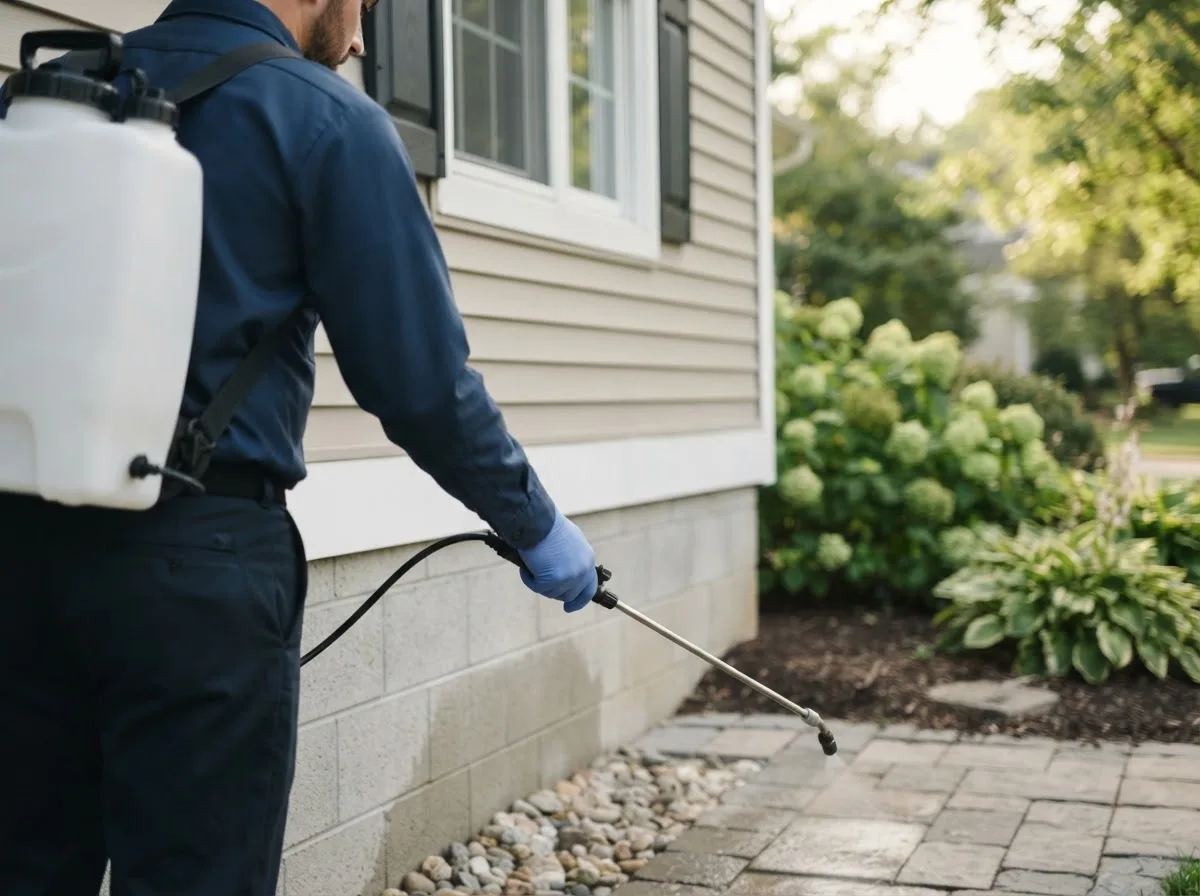 Pest control technician inspecting a home in Belmont, OH